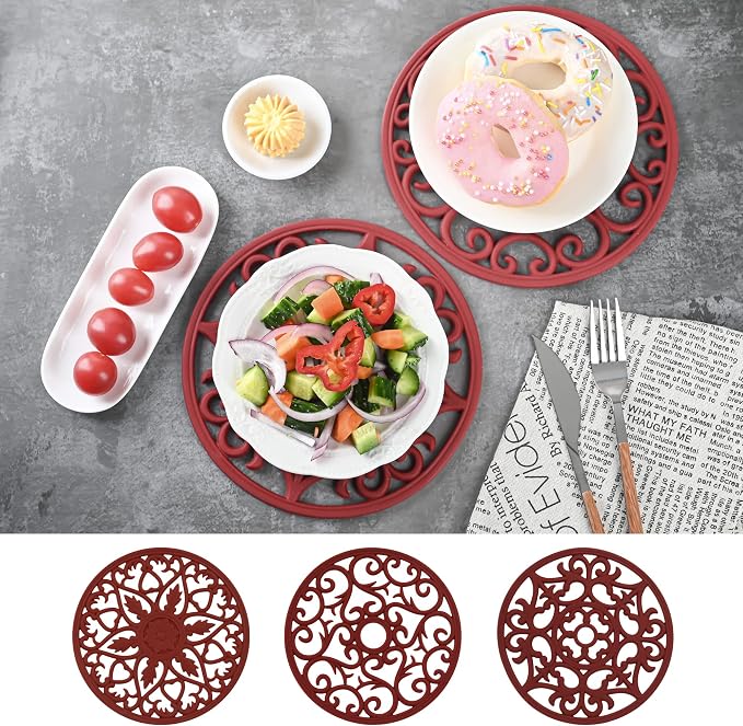 Silicone Trivet Mat for Hot Dishes Pots and Pans, Multi Purpose Trivets Mat -Heat Resistant Silicone Trivet Intricately Carved Hot Pads Set of 6 Pink