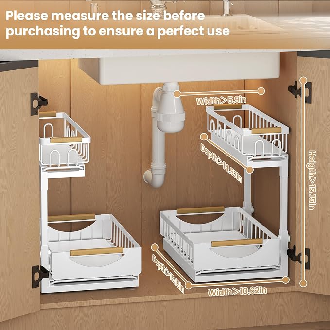 Under Sink Organizer and Storage for Bathroom and Kitchen - 2 Pack 2 Tier | Cabinet Pull Out Shelf Organizers - Slide Out Drawer Organization for Home Cabinets Shelves and Drawers