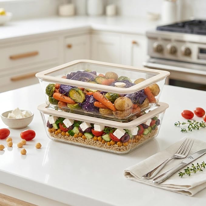 Glass Food Container Set with Glass Lid, Large Meal Prep Container Set, Airtight Food Storage Containers with Air Vent Lid, 2 Pack, Large, 87oz, LeakProof, 100% Plastic Free, White color,