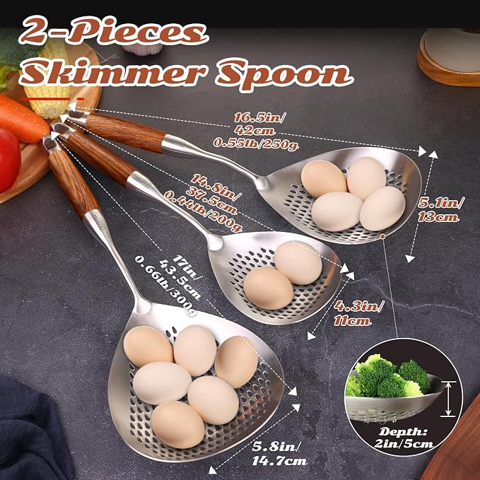 MARTE Skimmer Slotted Spoon,304 Stainless Steel Pasta Spider Strainer Ladle for Frying and Cooking,Kitchen Colanders & Food Strainers Set of 2，Slotted Spoon with Heat-Resistant Solid Wood Handle
