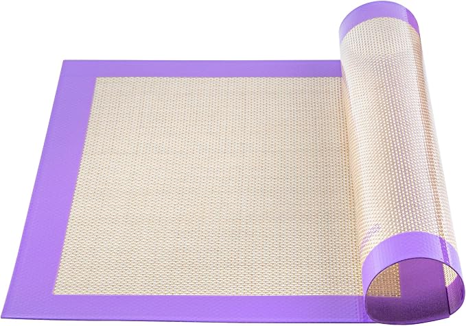 Restaurantware Half Size Baking Mat 1 Heat-Resistant Cooking Mat - Allergen-Safe Reusable And Ultra-Durable Tan And Purple Silicone Nonstick Mat For Pans And Rolling 11.8 x 15.75 Inch