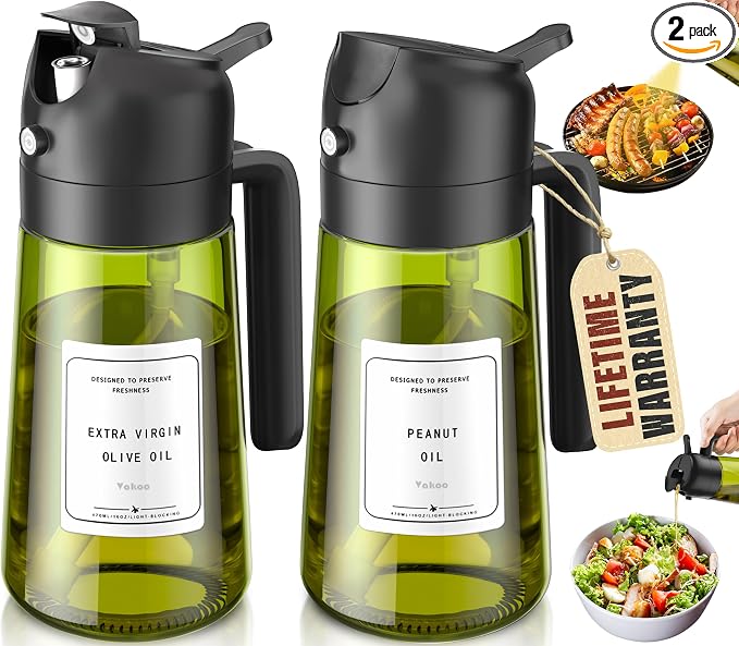 Vakoo Oil Sprayer for Cooking, 2 in 1 Oil Dispenser for Kitchen, 16oz/470ml Light-Blocking Dark Glass Olive Oil Spray Bottle, Air Fryer, Salad & BBQ (Black&Black)