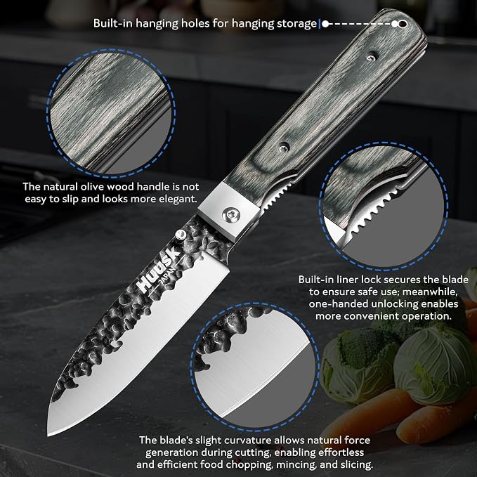 Huusk Japanese Folding Santoku Knife - Pocket Chef Knife with Hand Forged Blade - Portable Kitchen Knives for BBQ, Camping and Travel - Gift for Men and Women