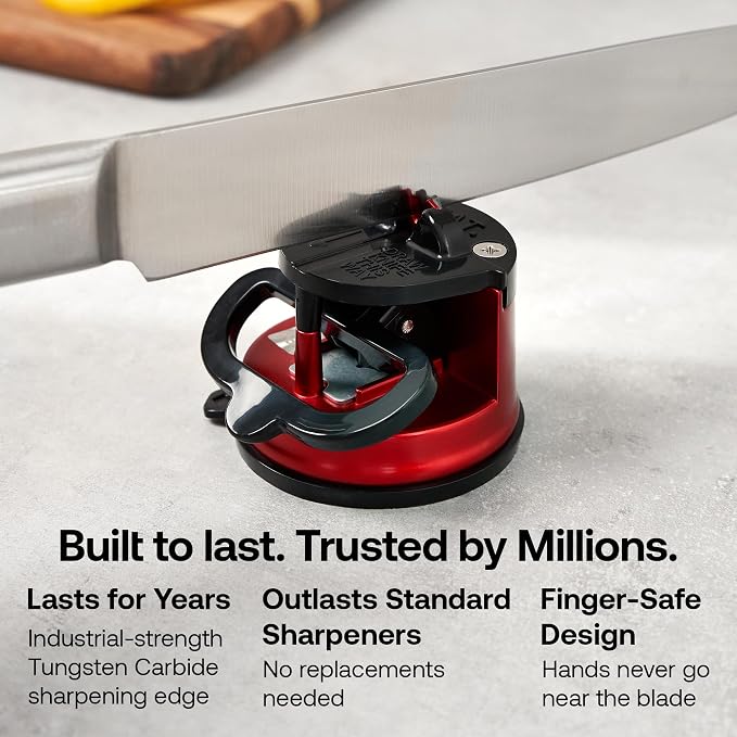 AnySharp – Pro – Hands Free Knife Sharpener - Easy to Use Sharpening Tool with PowerGrip Suction Base and 20-Degree Pre-Set Angle - for All Knives: Chef's, Serrated, and Hardened Steel - Matte Red