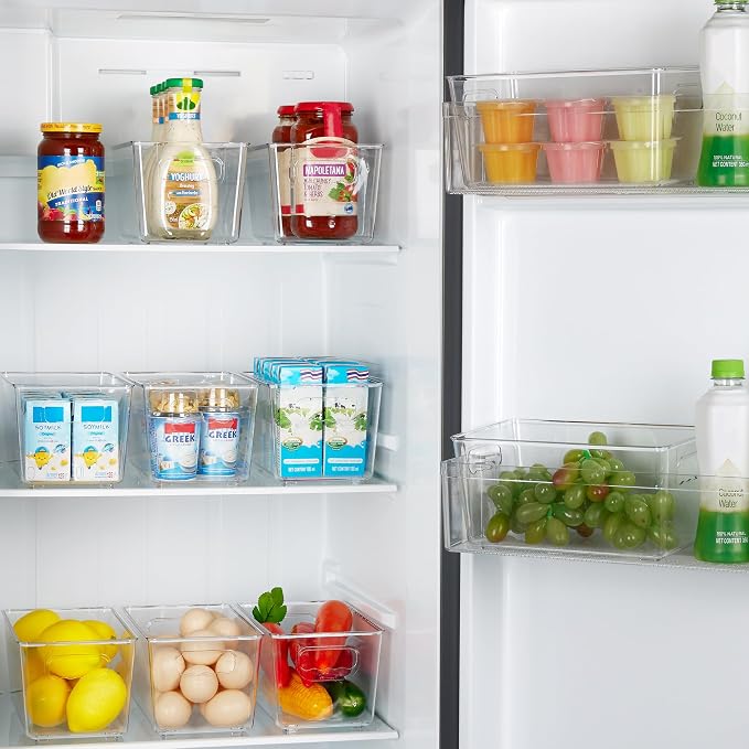 YIHONG 4 Pack Clear Storage Bins, Pantry Organizer Bins with Handle, Small | Plastic Bins, Pantry Storage Containers for Kitchen, Freezer, Cabinet, Closet, Bathroom, Under Sink Organizers and Storage
