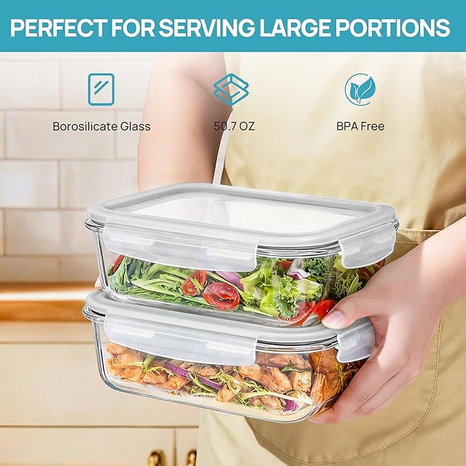 Vtopmart 2Pack 1500ml/50.7oz Large Glass Storage Containers With Lids, Grey | Meal Prep Food Container Set with Snap Airtight Lid, For Baking, Microwave, Oven, Leak Proof, Freezer, Dishwasher, BPA Free