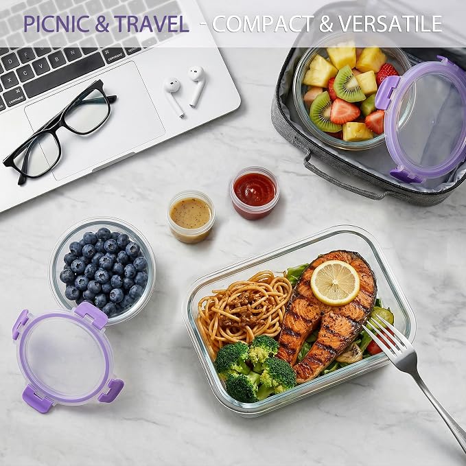 AMALEKO 42pcs Glass Food Storage Containers with Lids Set, 21 Containers & 21 Lids Glass Meal Prep Containers with Snap Locking Lid Set, Leak Proof Lunch Container BPA-Free,Purple