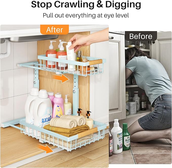 PXRACK Under Sink Organizer, Adjustable Height, 2 Tier Pull Out Under Cabinet Organizer, Slide Out Thickened Metal Under Sink Storage for Kitchen Bathroom Laundry Pantry Cabinet, Blue, Large-1-Pack