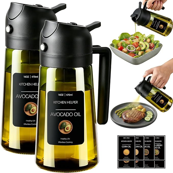 Poshetion 2 in 1 Olive Oil Sprayer for Cooking, 16oz Light-Proof Oil Dispenser for Kitchen, Leak-Proof Oil Spray Bottle for Air Fryer, Salad, BBQ, Baking, Grilling - Black & Black