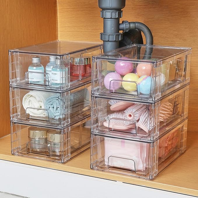 Vtopmart 4 Pack Stackable Clear Drawer with Dividers | Easy Assembly, Stackable Storage, Removable Dividers, Non-Slip Design, For Fridge, Under Sink, Pantry & Bathroom