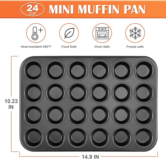 E-far Mini Muffin Pan, 24-Cup Nonstick Carbon Steel Cupcake Pan for Baking | Muffin Tin for Mini Muffins & Cupcakes, Warp-Free for Even Baking & Easy Release, Oven Safe