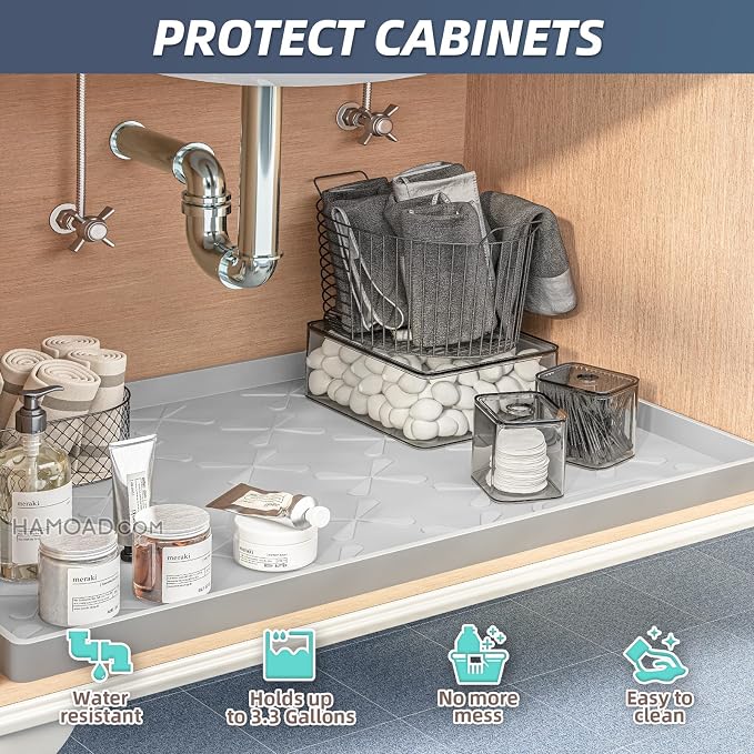Waterproof Under Sink Mat Silicone 22"x19", Kitchen Cabinet Liner | BPA Free Home Organizer and Storage, Thick Raised Edge Cabinet Protector, Non-Slip Dog & Cat Mat, Dish Drying Mat