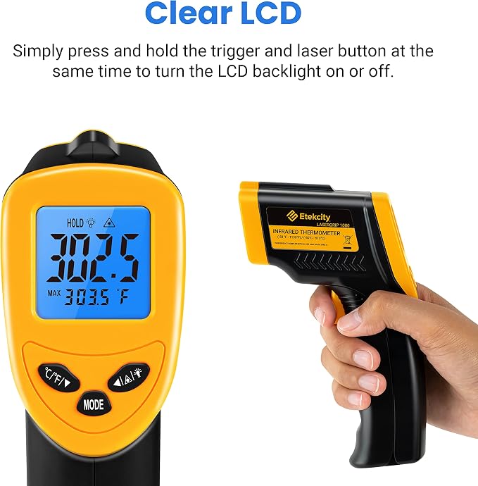 Etekcity Infrared Thermometer Laser Temperature Gun, -58°F to 1130°F | Adjustable Emissivity, MAX Display, Pizza Oven, BBQ, Meat, Candy, HVAC, Refrigerator, Non-Contact Temperature Measurement