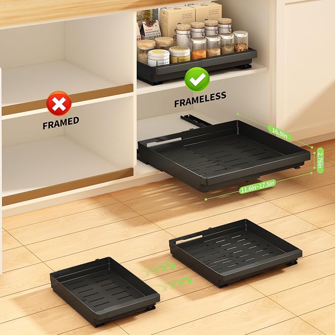 DOMNIU Pull Out Cabinet Organizers Expandable,Black,16.9"Depth,2 Pack | Slide Out Drawers for Kitchen, Bathroom, Pantry, Under Sink Storage, Fixed with Adhesive Nano Film (11.6''-17.5'')