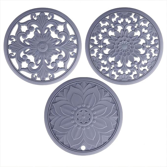 Silicone Trivets - Silicon Mats for Hot Pots and Pans, Round Hot Pads, Multi-Use Carved Flexible Modern Kitchen Table Mats, Heat Resistant Teapot Coaster Set of 3 Gray