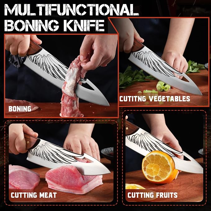 ROCOCO Cleaver Knife for Meat Cutting Butcher Viking Boning Knife Hand Forged In Fire Chopping Cutter with Sheath Outdoor BBQ Camping Birthday Christmas Chef Gift Idea Men 8.4"