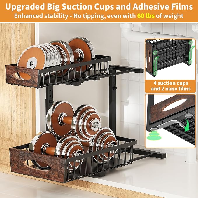 2-Tier Under Sink Organizer with Wooden Drawer Handle, 2 Pack Adjustable Height Pull Out Cabinet Organizer Shelf,Slide out Storage Drawer Rack for Kitchen Bathroom Laundry Room Pantry (Black)