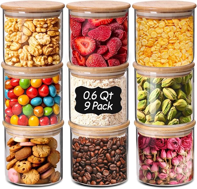 ComSaf Glass Storage Containers With Lids 0.6 Qt, 9 Pack Small Glass Jars | Small Glass Containers, Spice Jar 20oz, Snack Station Organization, Coffee Bar Organization, Size For Subpackage, BPA Free