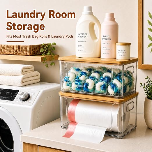 Trash Bag Holder 2 Pack, Stackable Garbage Bag Dispenser with Bamboo Lid, Extra Large Trashbag Dispenser for 13/30/33 Gallon Bags, Clear Organizer for Under Sink Kitchen Laundry Room