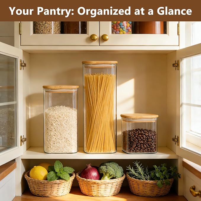 KEYWING Multi Size Glass Pantry Storage Containers with Lids, Set of 5 | Square Glass Food Storage Containers, Glass Jar for Spaghetti, Pasta, Flour, Sugar, Cereal, Coffee Beans, Spices