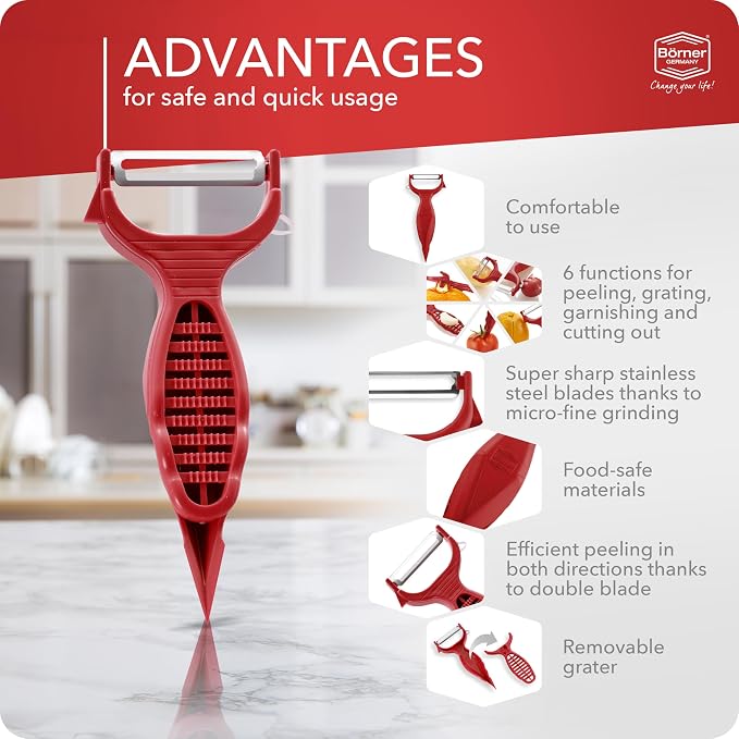 Börner Vegetable Peeler (6-in-1) • Garnishing Peeler with Grater • Multifunctional Peeler for Fruits & Vegetables • Fruit Peeler, Universal Peeler, Potato Peeler • Color: Red