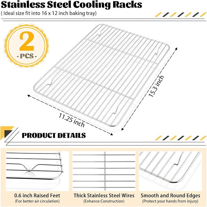 P&P CHEF Cooling Baking Rack Pack of 2, Stainless Steel Cooling Racks for Cooking Baking Roasting Grilling Drying, Dense Wires & Smooth Edge, Easy to clean, Silver, 15.3" x 11.25"