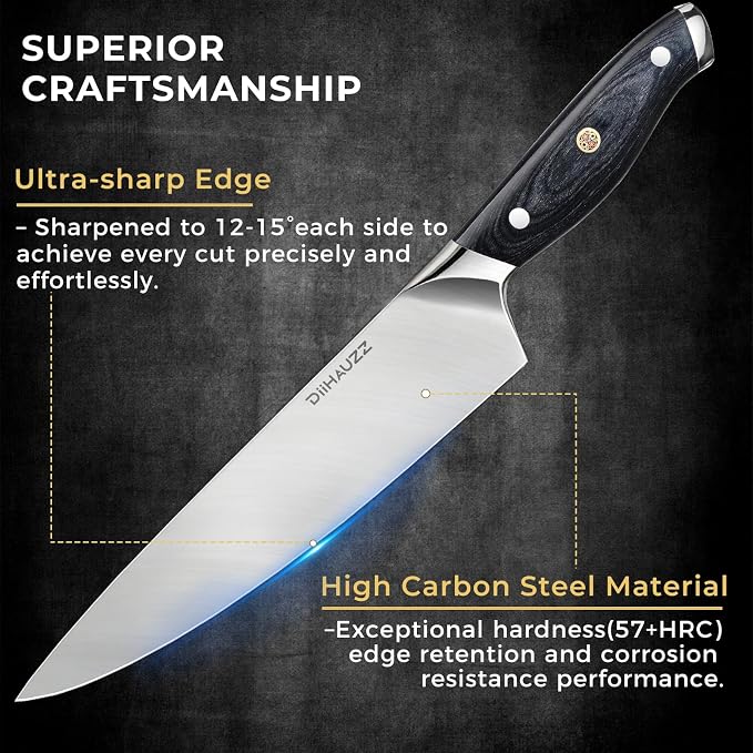 DiiHAUZZ Chef Knife, 8 Inch Ultra Sharp Kitchen Knife, Professional High Carbon Steel Chefs Knife with Full-Tang Ergonomic Handle for Meat Cutting, Vegetable Slicing and Chopping, Gift Box