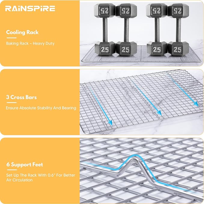 Rainspire Cooling Rack Stainless Steel, Heavy Duty Cooling Racks for Cooking and Baking, Oven Safe Wire Rack for Cooking, Baking Rack for Oven Cooking Fits Half Sheet Cookie Pan, 12" x 17", 1-Pack