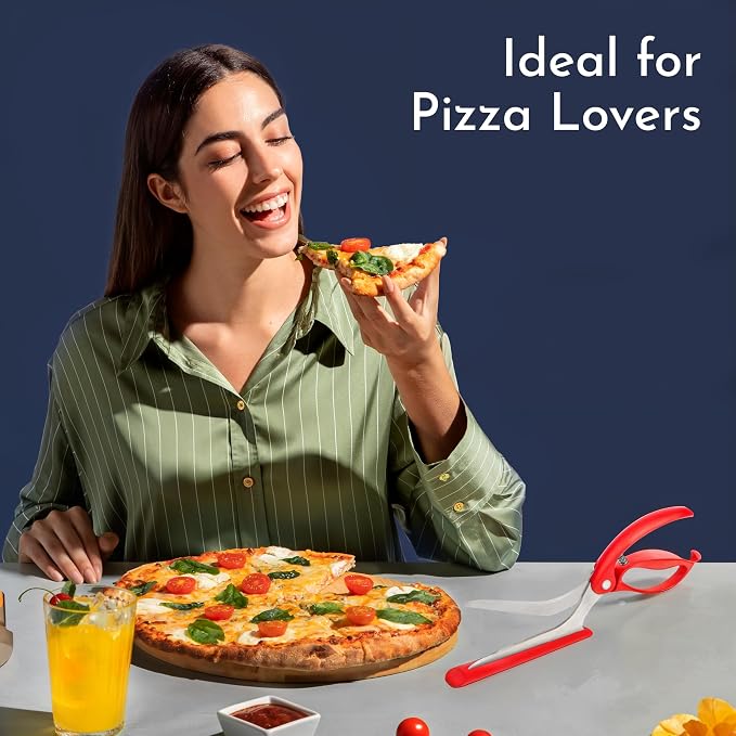Pizza Scissors - Non-Stick Pizza Scissors with Firm Grip Base - Food Grade Stainless Steel Pizza Cutter - 5-in-1 Food Slicer & Pizza Server - Durable, Safe & Mess Free - Red