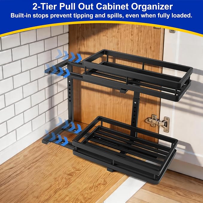 2-Tier Metal L-Shaped Pull-Out Under Sink Organizer, Black, 1 Pack | 1 complete set; ball-bearing slides; 6-level height; no-drill setup