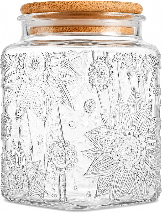 Glass Storage Jars With Airtight Lid, 23.7oz Canister For Kitchen Counter with Bamboo Lid, brown sugar, candy, coffee, cookie, salt, tea,pantry cute Jar (Square Sunflower)