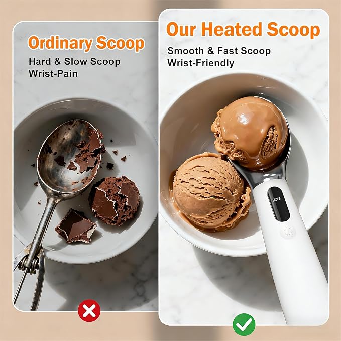 Heated Ice Cream Scoop - 3 Temp Settings Electric Warming Scooper, Rechargeable USB-C Fast Charge with LED Display, IP67 Waterproof Head for Hard Ice Cream/Gelato, Easy to Clean - White