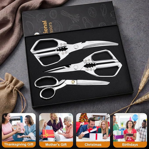 3PCS Heavy Duty Kitchen Scissors Set All Purpose - Stainless Steel Scissors Meat Scissors Dishwasher Safe Japanese Cooking Scissor for Food Paired with household tailor shears Gifts for Men Women