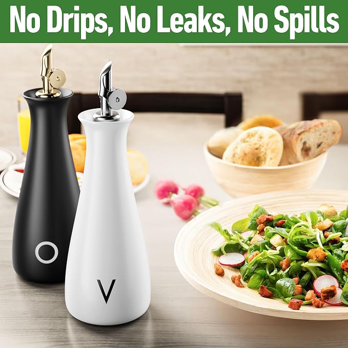 Ceramic Oil and Vinegar Dispenser Set of 2 with Self-Closing Spouts, 530mL | Leak Proof Dispensing Bottle, Stainless Steel Self-Closing Spout, Ergonomic, Durable, Easy Pour, Stylish, 530mL Capacity Each
