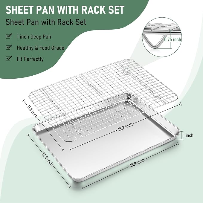 Homikit Jelly Roll Pan with Cooling Rack Set (2 Pans+2 Racks), 16" x 12" | Stainless Steel Baking Sheet Tray with Wire Grid Rack, Cookie Bacon Pan for Oven Cooking Roasting, Rust Proof & Nonstick