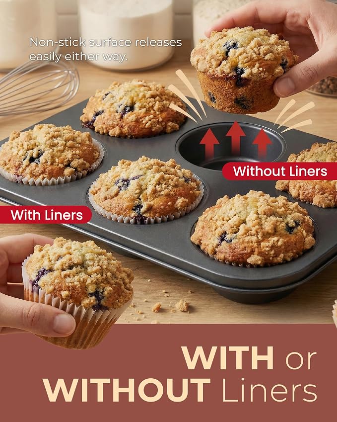 CARTMAN 2-Pack Jumbo Muffin Pan with 150 Liners, 12.6" x 8.3", Nonstick | 6-Cup, 3.5" XL Cups, Bonus Liners, Carbon Steel, PTFE-Free, 450°F Oven Safe, Extra Large Muffin Pan, XL Treats, Egg Bites