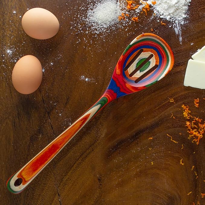 Baltique Marrakesh Collection 12-1/2" Wooden Slotted Cooking Spoon, Safe for Nonstick