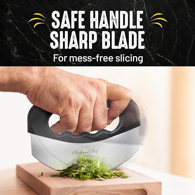 Checkered Chef Salad Chopper Tool with Cover | Mezzaluna Knife, Stainless Steel, Vegetable Rocker, Mincer, Cutter