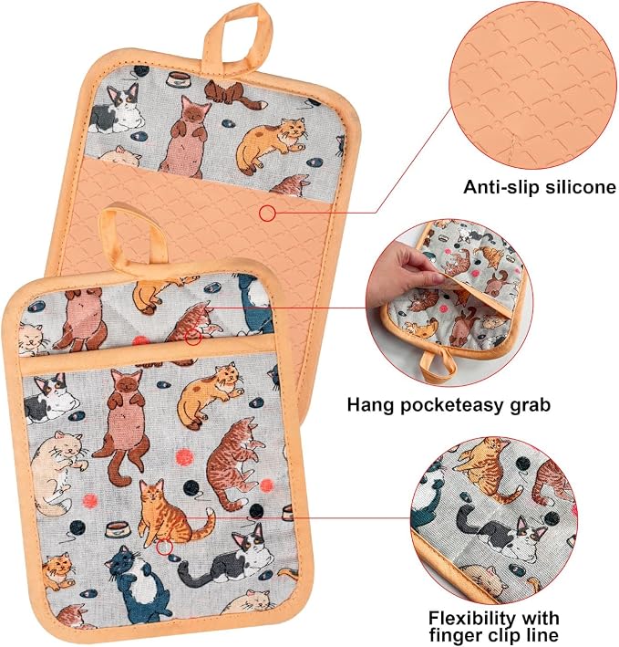 Alselo Oven Mitts and Pot Holders with Chef Apron,Set of 5 Heat Resistant Kitchen Gloves and Silicone Non-Slip Potholders Adjustable Neck Buckle Chef Apron, Cotton Nice Design for Cooking (Cat)