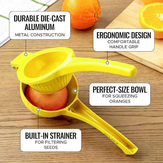 Zulay Kitchen Premium Quality Metal Orange Squeezer, Citrus Juicer, Manual Press for Extracting the Most Juice Possible - Orange Juicer (Yellow)
