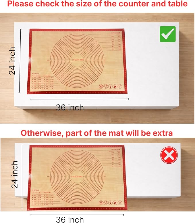 Silicone Pastry Mat with Measurements, 36 x 24 Inch Extra Thick Non-Slip Nonstick XL Baking Mat for Dough Rolling, Kneading, Fondant and Pie, Red