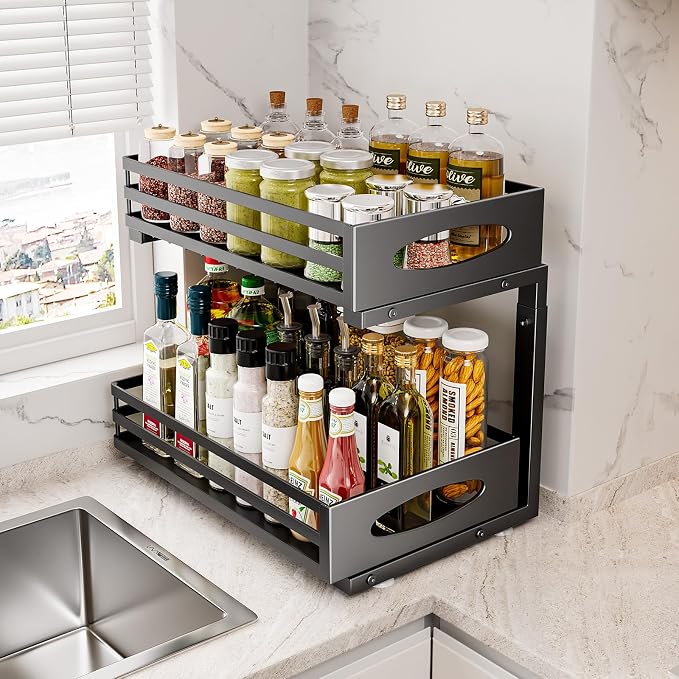 Under Sink Organizer, 2 Tier Under Sink Organizers and Storage, Adjustable Height, Slide out Metal Cabinet Organizers, Pull out Cabinet Storage Drawer Shelf for Kitchen Bathroom (Black, 1 Pack)
