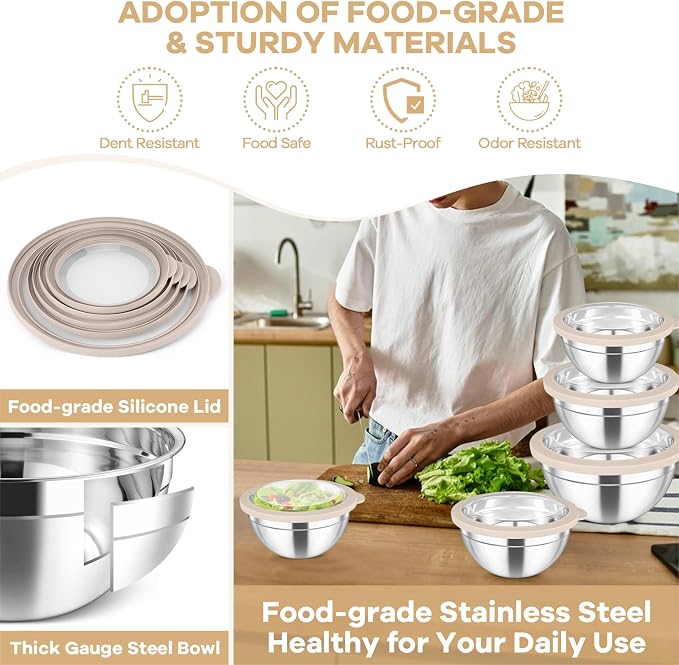 TeamFar Mixing Bowls Set, Stainless Steel Salad Bowl with Lids, Khaki | 4.5/3/1.5/1/0.7 QT, Metal Nesting Bowls with Visible Airtight Lids, For Serving/ Mixing/ Storing, Dishwasher Safe, Set of 5
