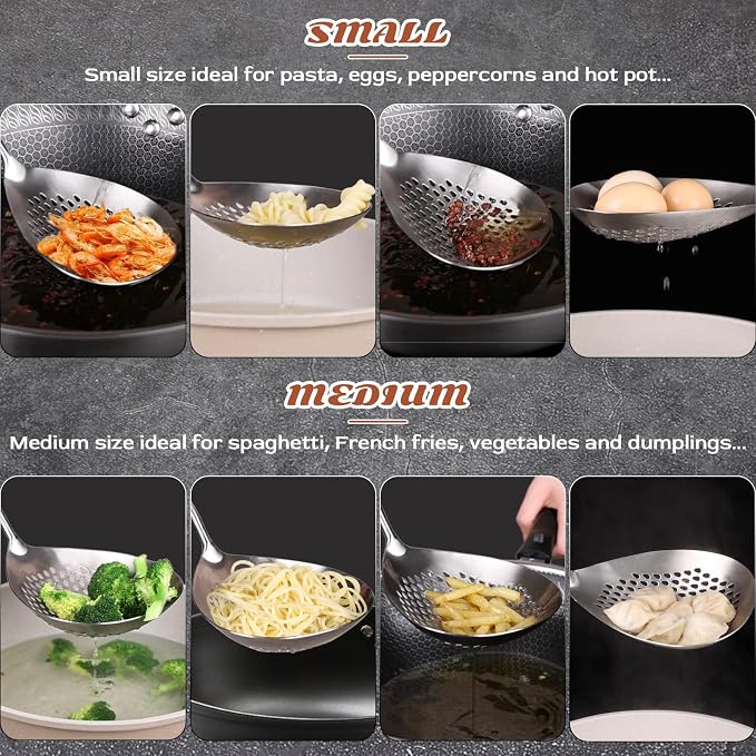 MARTE Skimmer Slotted Spoon,304 Stainless Steel Pasta Spider Strainer Ladle for Frying and Cooking,Set of 2 Kitchen Colanders & Food Strainers，Serving Spoon with Heat-Resistant Solid Wood Handle