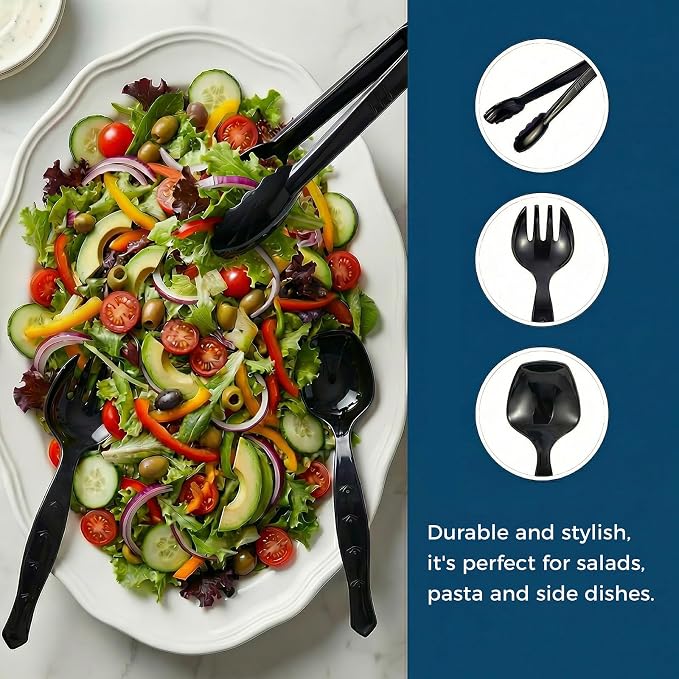36 Pcs Disposable Serving Utensils Set - 9 Inch Black Tongs, Forks, Spoons for Restaurants, Catering, Party Supplies, Buffet, Wedding, Picnic