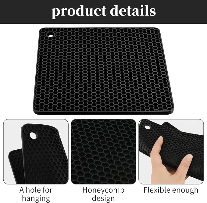 Trivets for Hot Dishes, Silicone Trivet Mat Hot Pads for Kitchen Pot Holder, Silicone Trivets for Pots and Pans, Multi-Purpose Heat Resistant Silicon Trivet Mat for Tabletop Black Pack 6