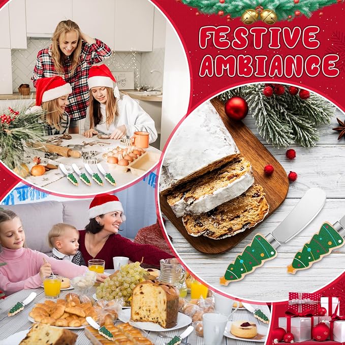Sieral 10 Pcs Christmas Cheese and Butter Spreader Knives Butter Spreader Knives Multipurpose Christmas Decor with Hand Painted Wooden Handle Stainless Steel Blade