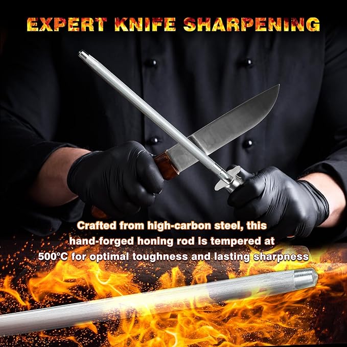 Knife Sharpener Rod, Kitchen Knives Sharpener Carbon Steel Professional Knife Sharpening Steel, Honing Rod with Hanging Holes (13 inches), F