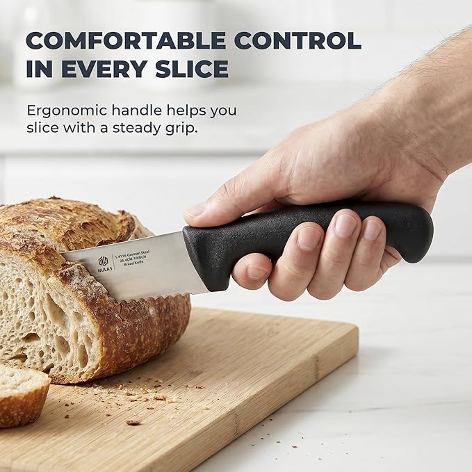 10 Inch Serrated Bread Knife for Homemade Bread, Sourdough & Artisan Loaves, 1.4116 German Stainless Steel, Protective Sheath, Black
