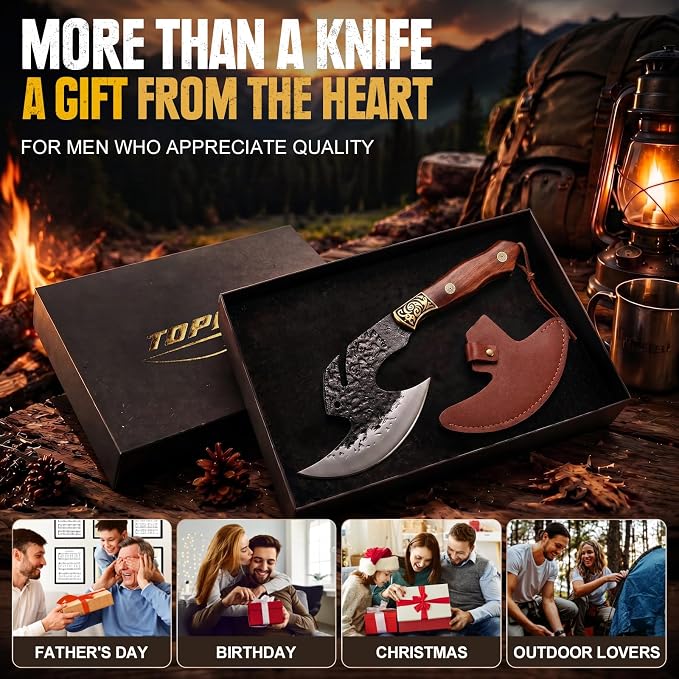 Topfeel Hand Forged Viking Knife 6.2" Meat Cleaver with Sheath, Chinese Kitchen Axe Boning Knife for Meat Cutting, High Carbon Steel Butcher Knife Home Outdoor BBQ Camping Birthday Gifts for Men Dad